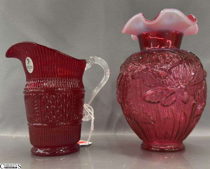 2pcs Fenton Cranberry Ruffled Opalescent Bumble Bee Vase, Cranberry Glass Adams Rib Quilt Block Pitcher image