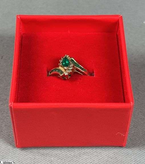 14K Yellow Gold Emerald and Diamond Ring in Red Gift Box image