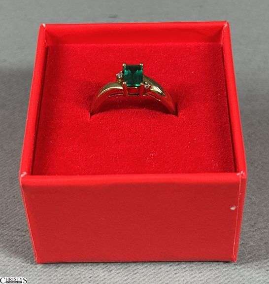 10K Yellow Gold Emerald and Diamond Ring in Red Gift Box image