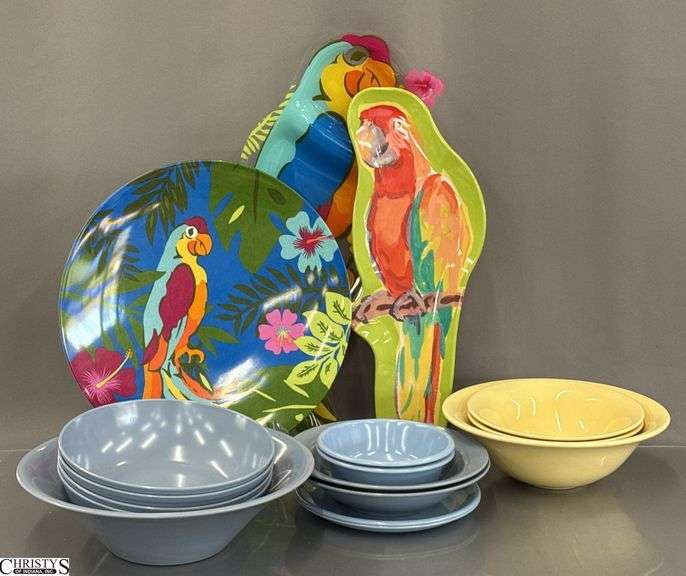 Melamine Trays, Parrot Theme, Blue Plastic Dishes, 3 Ceramic Bowls Largest 21" Long image