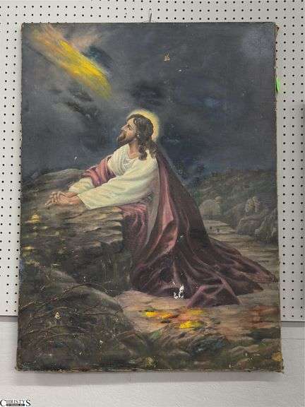 Signed Religious Iconography Oil on Canvas Painting - 30" x 40" - some wear, damage to canvas image