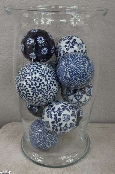 Clear Glass Hurricane Candle Holder With Blue and White Decor Orbs 8.5"x14" image