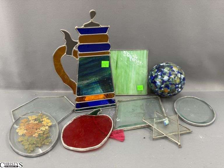Stained Glass Kettle Votive Holder, Leaded Glass Pieces, Art Glass Orb - 10" of tallest, some damage, cracking image