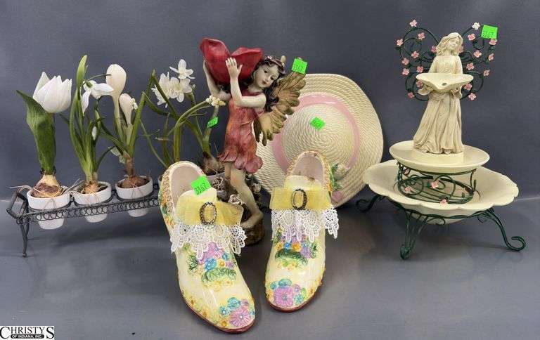 Garden Decor, Angels Faux Flowers, Hat Wall Pocket, Ceramic Booties Tallest Fairy Figure 11" image