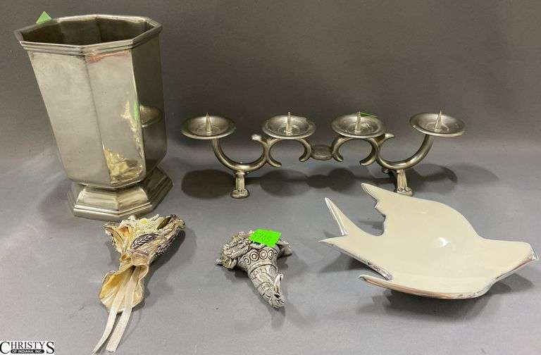 Pewter Candelabra, Vase, Bird Dish, and Flower Bundles, Tallest 6.5" image
