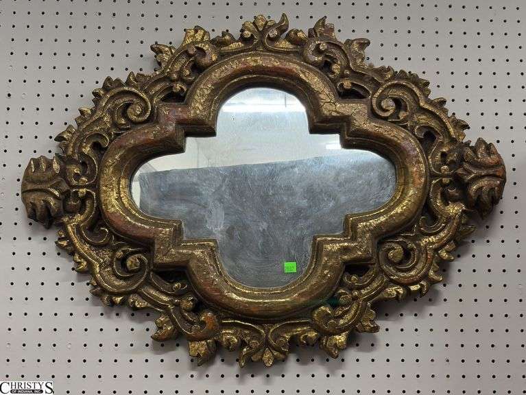 Ornate Quatrefoil Style Gilt Framed Wall Mirror - 32" x 23" - some chipping, missing trim pieces image