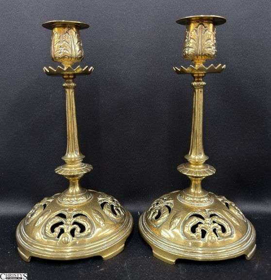Stamped T & T Pair of Brass Candle Holders 5" Base 9" Tall image