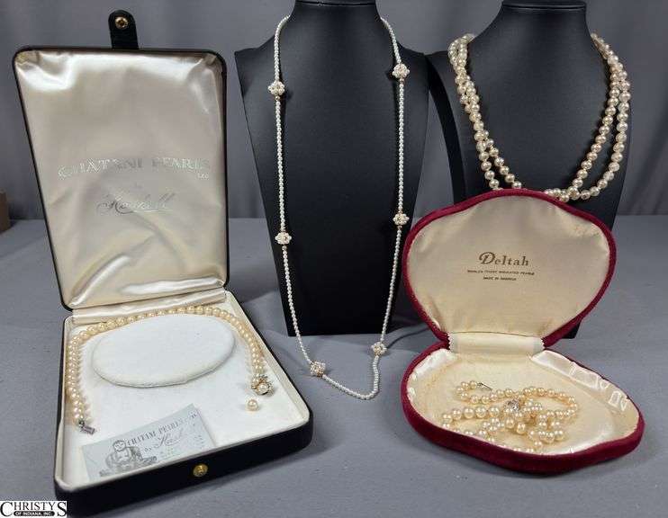 4 Pearl Like Necklaces.  One necklace is in a box marked Chatani Pearls LTD. by Haskell image