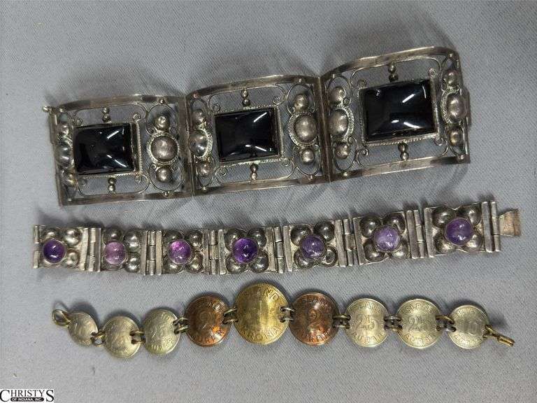 3 Bracelets.  2 Silver Marked Made in Mexico and a 9-Coin Bracelet with Island Coins image