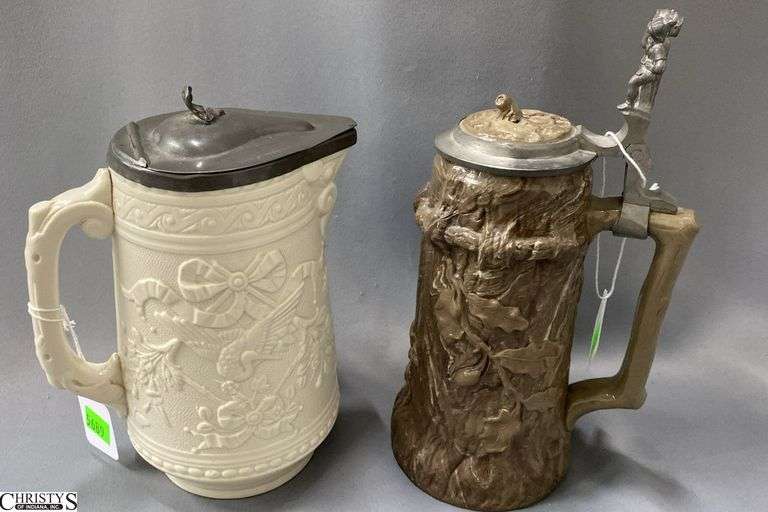 Trunk and Vines, German Beer Stein With Gnome and Barrel Thumb Lift 10" and White Ironstone Pitcher with Stork Scene image
