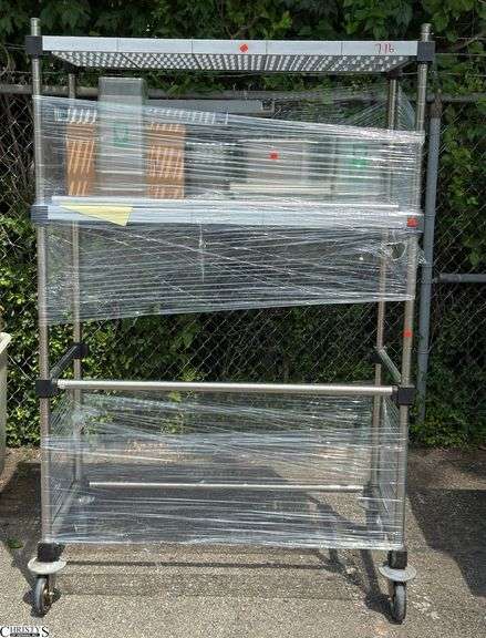 Rolling Rack With Plastic Shelves, Contents Plastic Bins, 4qts, Insert Pans 48x23x74 image