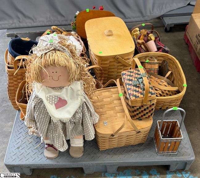 SKID with Baskets, and Faux Fruit, Breads, Wooden Doll Tallest 27", SKID is Not Included image