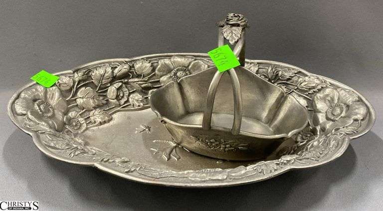 Pewter Oval Dish, Rose Handled Basket, Larger 12x8" image