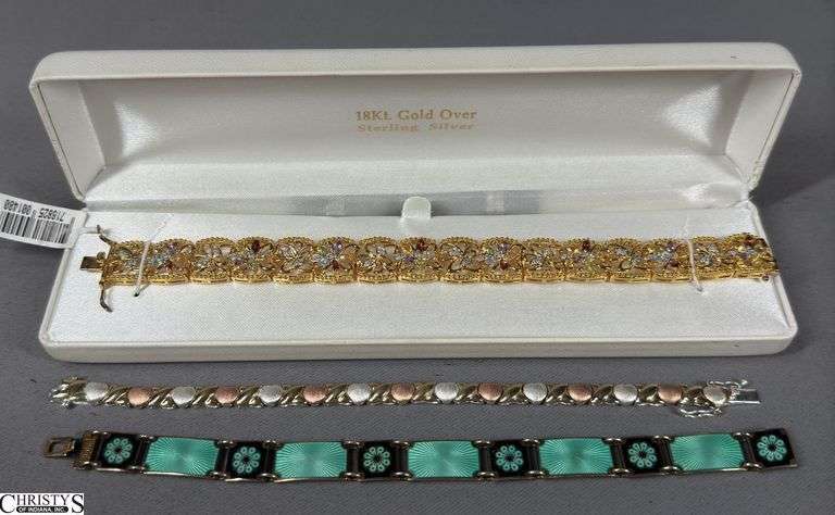 3 Sterling Silver Bracelets.  1 Bracelet is 18 Kt. Gold Over Sterling Silver image