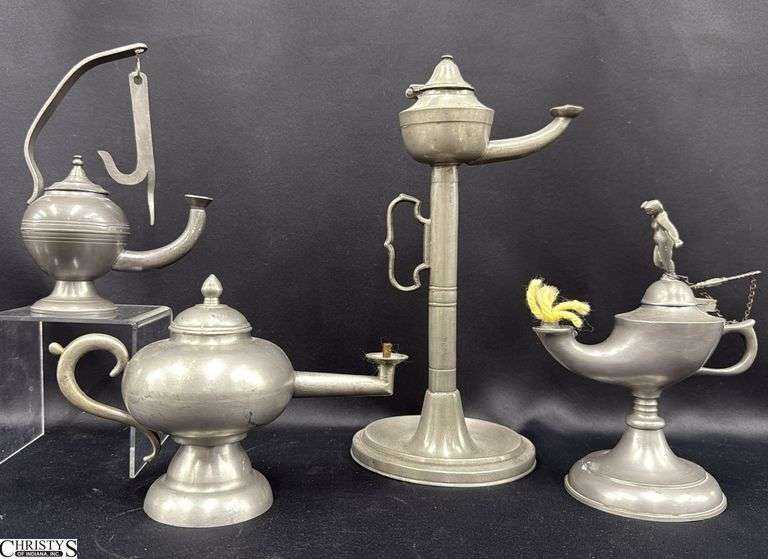 4pcs Pewter Whale Oil Lamps Tallest 11" image
