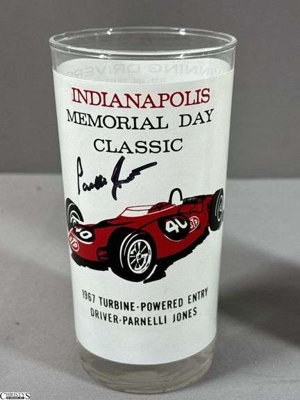 Indianapolis Memorial Day Classic 1967 Turbine-Powered Parnelli Jones Autographed Glass and a 7 UP Souvenir Bottle 500 Mile Race May 27, 1979 Autographed