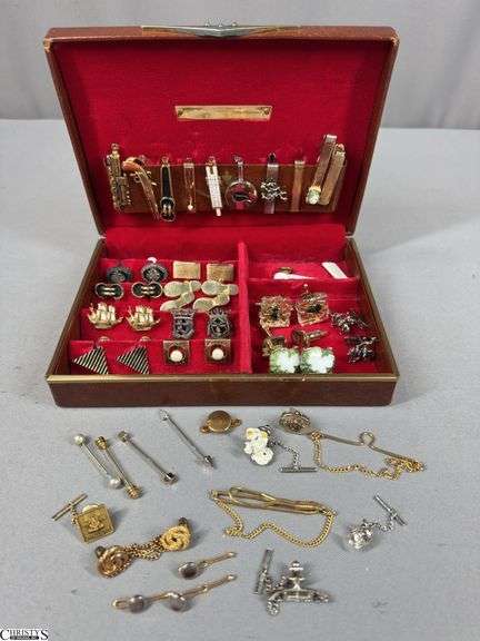 Men's Jewelry.  Includes 12 Pairs of Cuff Links, 10 Tie Clips, Collar Pins, Tie Tacs and a Men's Small Jewelry Box image