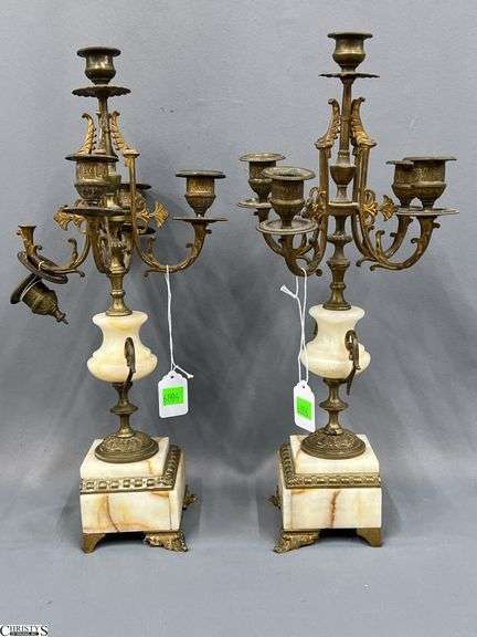 Mineral and Brass Candelabras, Appears to Be Missing The Middle Clock or Vase, One Holder is Off but Present Screw is Stripped 17.25" image