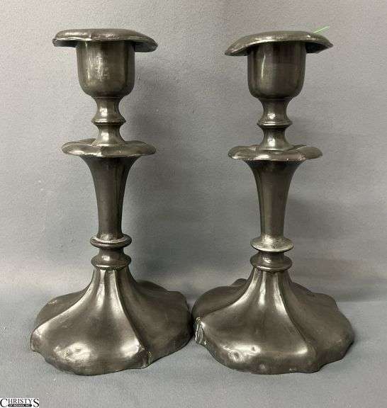 2 Pewter Flower Base Candle Sticks, Some Wear 8.5" image
