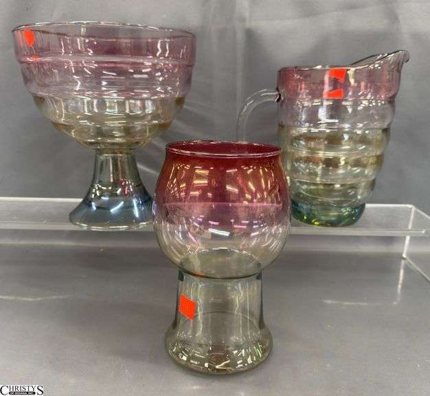 Mid Century Color Rainbow Banded Pitcher, Floating Candle Holder and Footed Bowl, Tallest 8x9" image