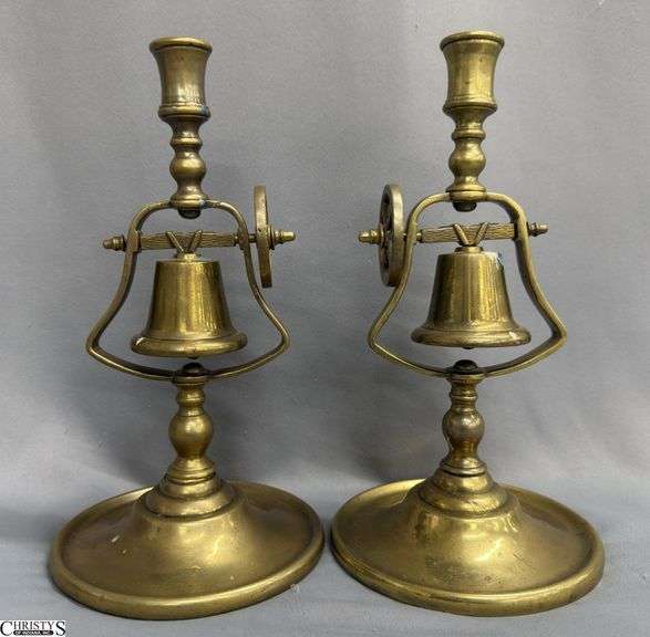 Pair of Brass Candlestick Holders with Bell Mechanism 11.5" image