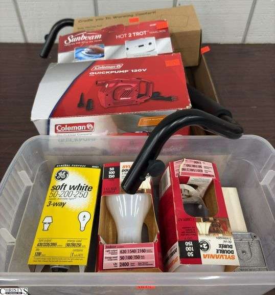 Coleman Quickpump, Sunbeam Iron, Lightbulbs, Misc Tools image