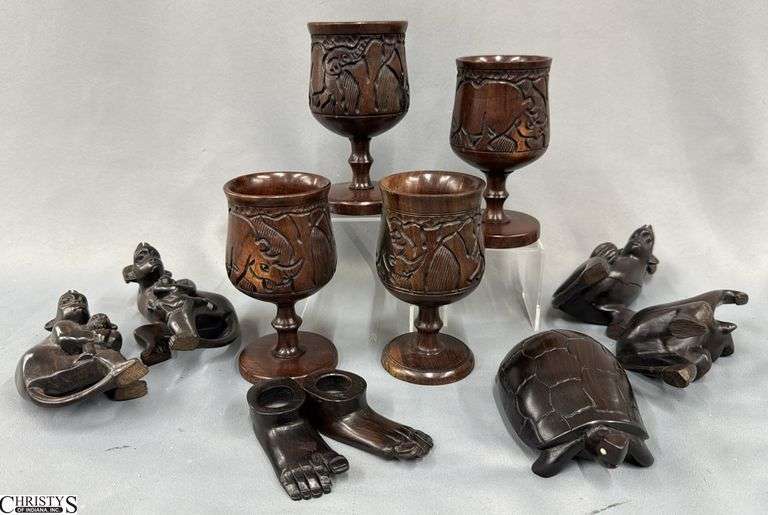 Wooden Goblets, Pair of Feet Candle Holders and Hanging Monkeys image