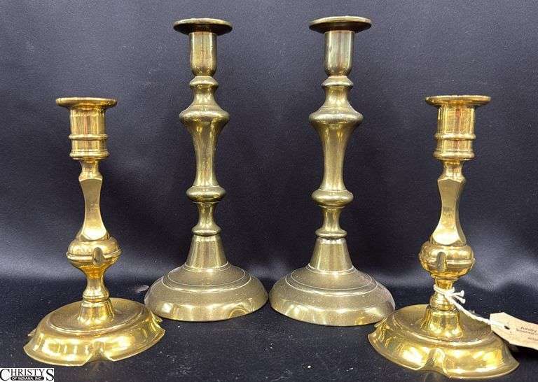 4pcs 2 Pair Brass Candle Sticks, Early English Push Up Style and Fixed, Tallest 10" image