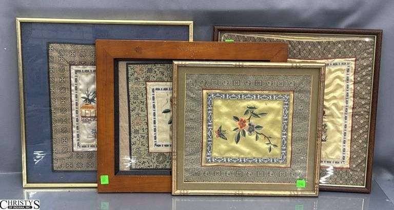4 Framed Chinese Textiles - 15" x 15" of largest image