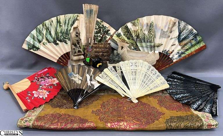Asian Influence Decor - Carved Soapstone Pieces, Fans, Textile Piece - 20" x 20" of textile image