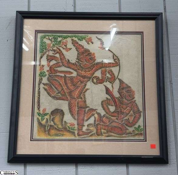 Thai Style Rubbing Print - 25" x 25" of frame, some wear image