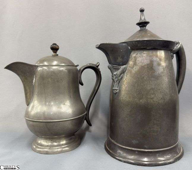 2 Pewter Pitchers Tallest Unmarked 12.25" image