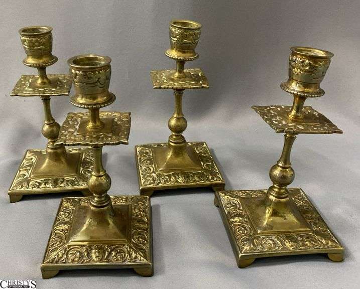 4pcs Vintage Square Base with Foliage and Masked Faces Brass Candle Sticks 6.5" image