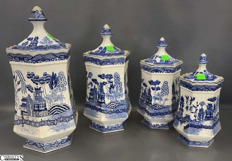 4 Blue Willow Canisters - 13" of tallest - some chipping image