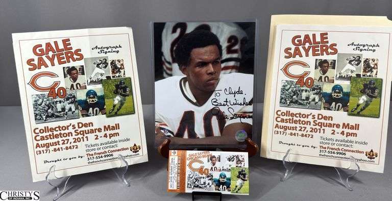 Gale Sayers Autographed Photo, Autograph Signing Ticket and 2 Gale Sayers Autograph Signing Flyers