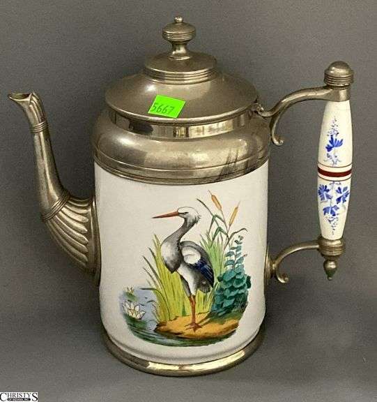 Pewter and Enamelware Heron Coffee Pot 9.5" image