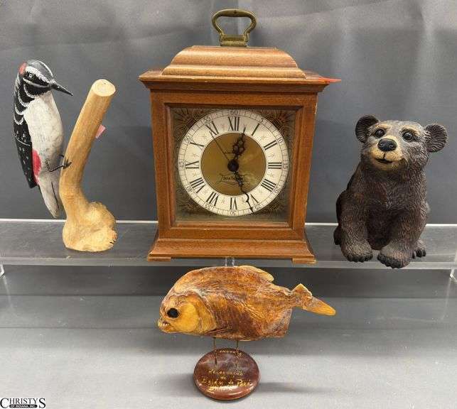 Mantle Clock, Composite Bear, Piranha, Carved Bird, Clock 9" image