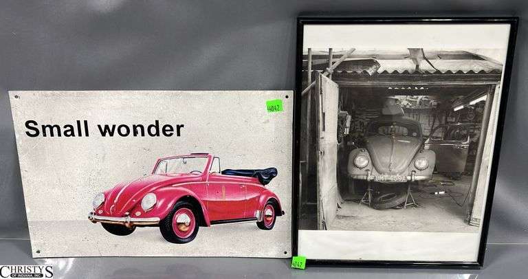 Metal VW Bug Sign 16x10.5, Framed Bug Photo image