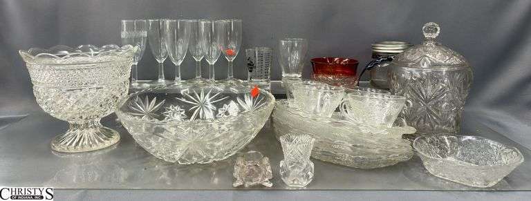 Clear Glass, Bowls, Lidded Jar, Snack Sets, Stems, Toothpick, Largest Bowl 11" Across image