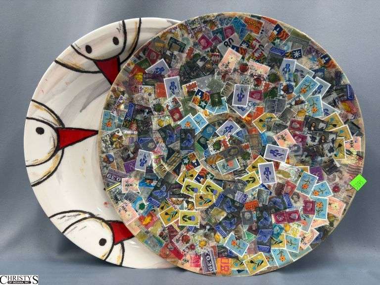 2 Charger Plates, One Appears Hand Made and The Largest has Bird Beaks 16.5" image
