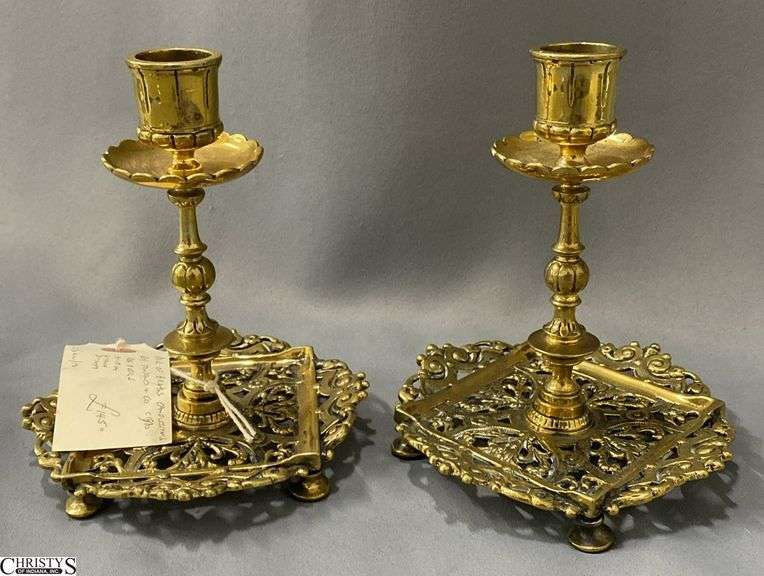 Pair of Ornate Brass Candle Sticks By Townsend & Co 6" Tall image