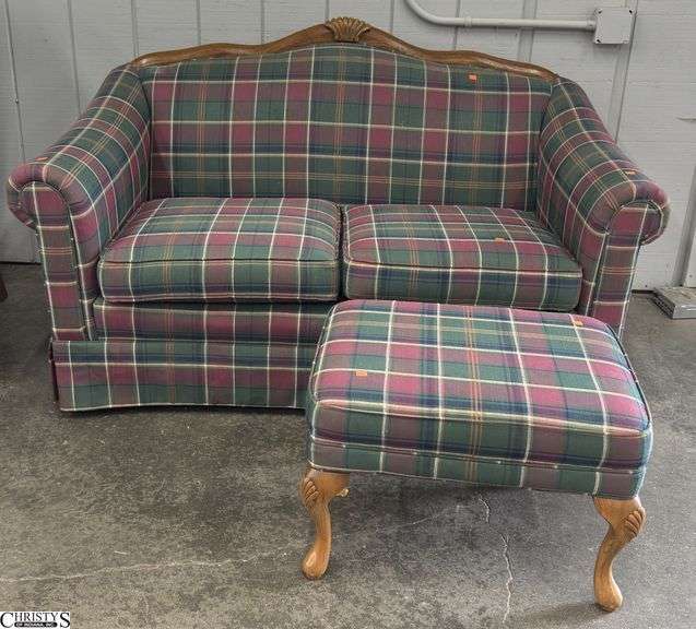 Clayton Marcus Plaid Upholstered Loveseat - 60" x 34" x 35" - 17" seat - shows wear image