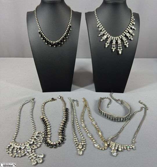 8 Rhinestone Type Necklaces.  3 of the necklaces need their clasps repaired. image