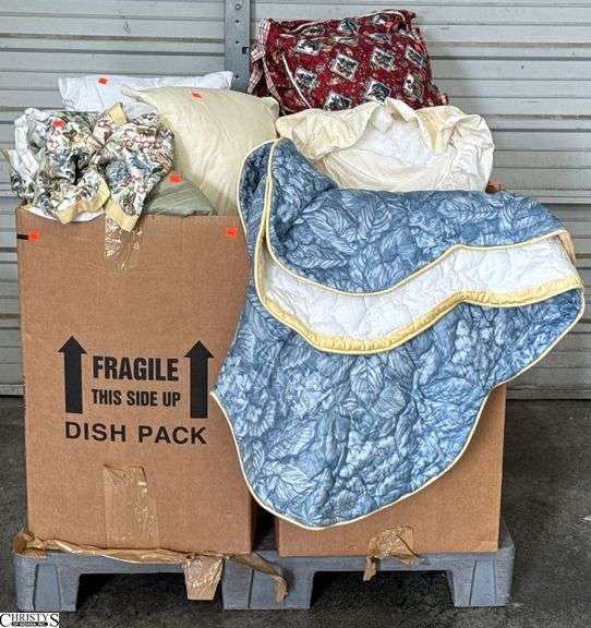 Skid of Bedding - Comforters, Pillows, Misc Sheets - Appears to Various Sizes - Twin to King - SKID NOT INLCUDED image