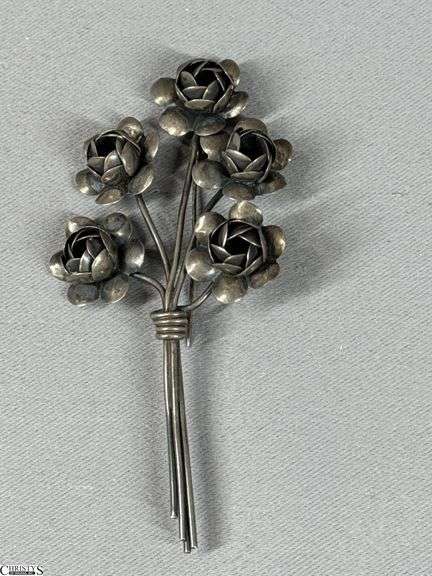 Vintage Coro Sterling Silver Five Roses Flower Bouquet Brooch image