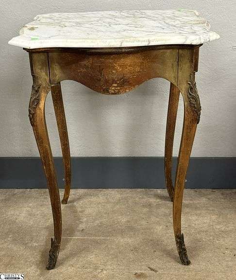 Louis XV Style French Marble Top Side Table - 24" x 24" x 30" - some finish wear, missing trim pieces image