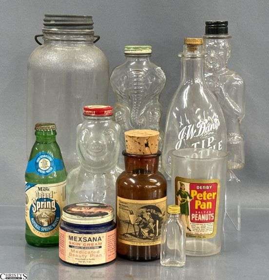 Bottles, Banks, Lincoln Bottle Bank, New England Piggy Bank, Grapette Family Beverage J.W, Dants Tip Bottle, Mexsana Skin Cream Jar image