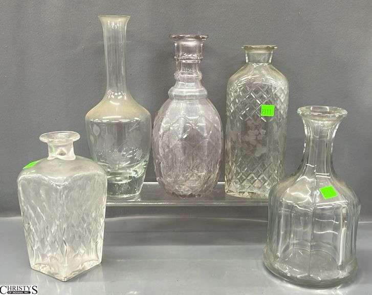 5 Crystal and Glass Decanters - No stoppers - 12" of tallest image