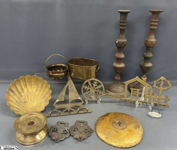 Brass Candlesticks, Key Holders, Ganesh Dish, Small Dishes - 15" of candlestick image