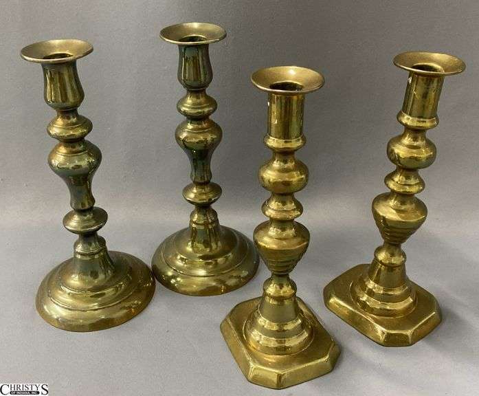 4pcs, 2 Pair Brass Candle Sticks Push Up Style, One is Missing Push, Tallest 8.75" image